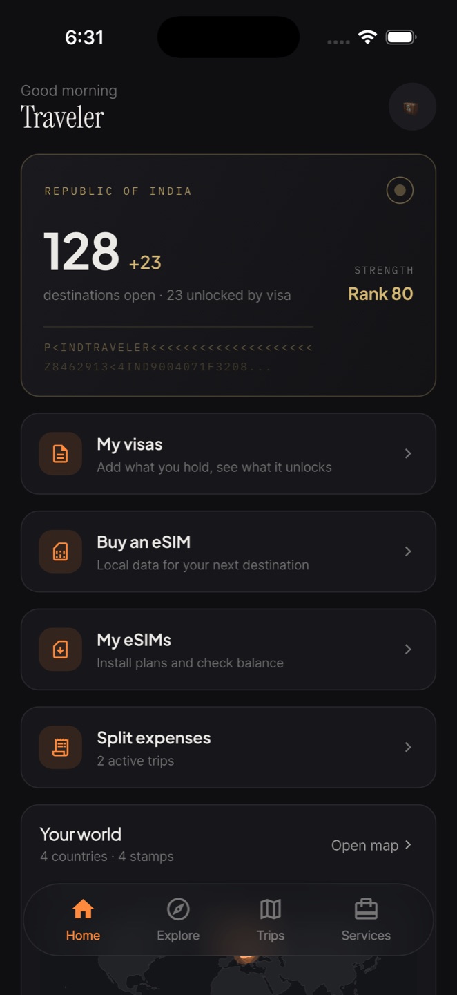 Tavro home screen showing 128 destinations open, 23 of them unlocked by visas already held