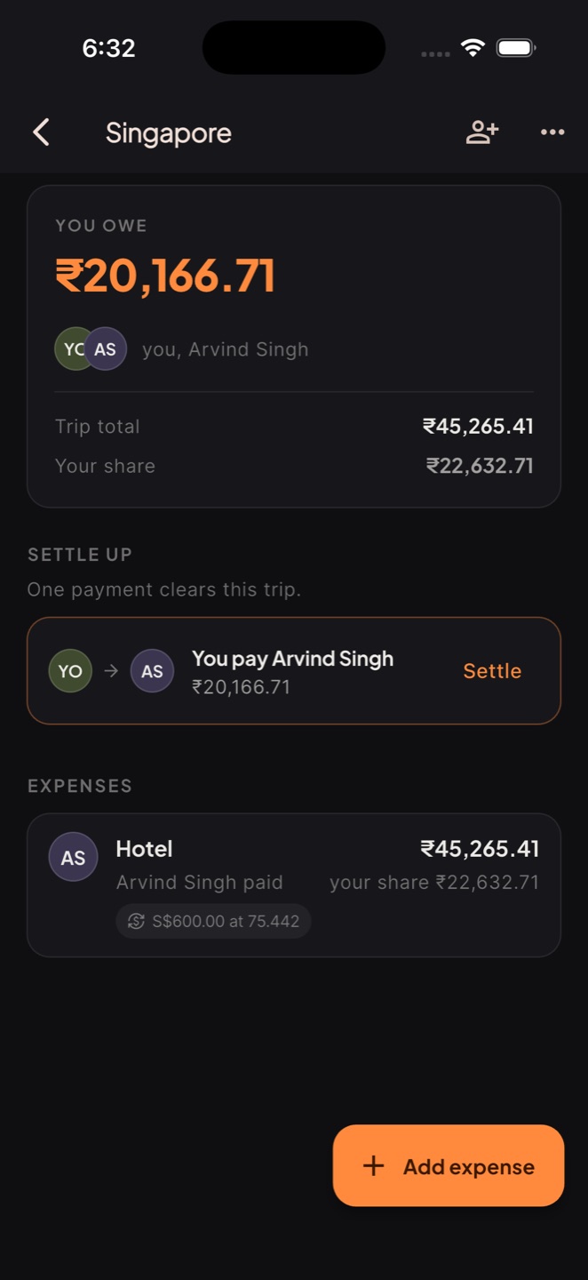 A Tavro trip ledger for Singapore showing a hotel expense of S$600 converted to rupees, and a single settle-up payment