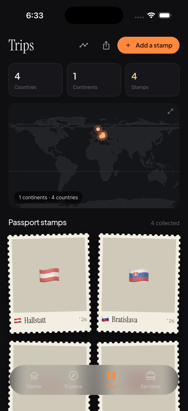 Tavro's Trips screen with a world map, four countries visited, and passport stamps for Hallstatt and Bratislava