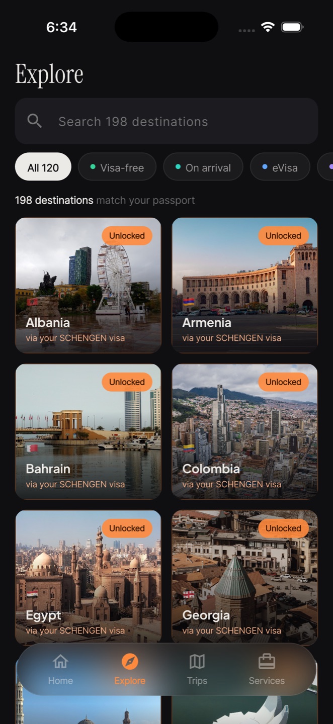 Tavro's Explore screen listing Albania, Armenia, Bahrain, Colombia, Egypt and Georgia, each marked unlocked via a Schengen visa