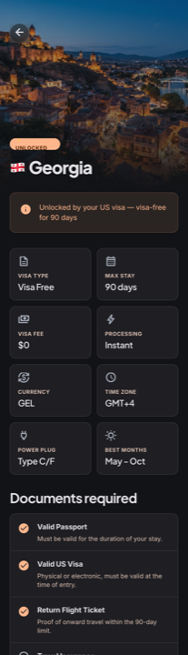 Tavro country visa detail screen